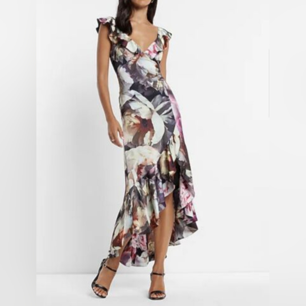 Express Satin Ruffled Dress Midi Floral Multicolored New Boho I7